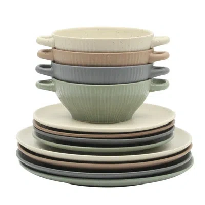 Gibson Elite Clover Hill 12-piece Stoneware Dinnerware Set - Embossed Reactive Glaze - Service For 4 - Assorted C In Blue,cream,brown,green