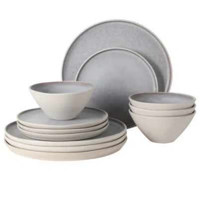 Gibson Elite Coastal Forest 12-piece Triple Reactive Glaze Stoneware Dinnerware Set In Light Grey/linen