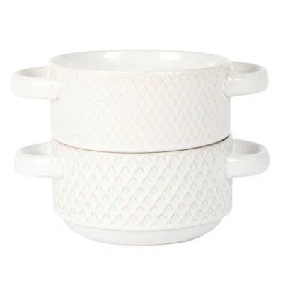 Gibson Elite Earlhart 2 Piece 6 Inch Ribbed Stoneware Soup Bowl Set With Handles In White