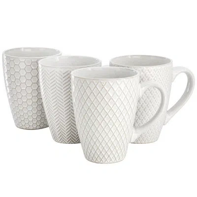 Gibson Elite Earlhart 4 Piece 16 Ounce Stoneware Assorted Pattern Mug Set In White