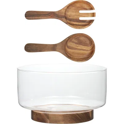 Gibson Elite Farm Favorites Glass Salad Bowl Set With Acacia Wood Base And Utensils In Transparent