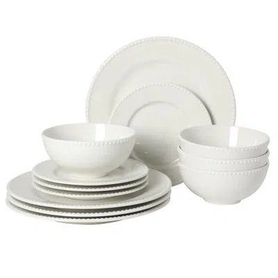 Gibson Elite Gibson Home Caviara Plates And Bowls Set, 12-piece Dinnerware Set, White Round Beaded Rim Porcelain 
