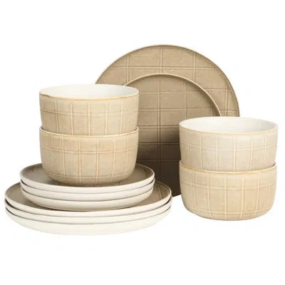 Gibson Elite Gisbon Elite Milano Lines 12 Piece Plates And Bowls Stoneware Dinnerware Set - Brown Blush Pink Reac In Light Brown