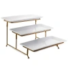 Gibson Elite Gracious Dining 3 Tiered Rectangle Porcelain Plate Set With Gold Metal Stand In White