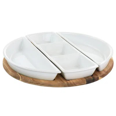 Gibson Elite Gracious Dining 4 Piece Fine Ceramic Sectional Tray Set With Acacia Wood Base In White