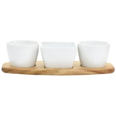 Gibson Elite Gracious Dining 4 Piece Fine Ceramic Tidbit Dish Set With Acacia Wood Base In White