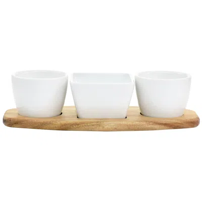 GIBSON ELITE GRACIOUS DINING 4 PIECE FINE CERAMIC TIDBIT DISH SET WITH ACACIA WOOD BASE