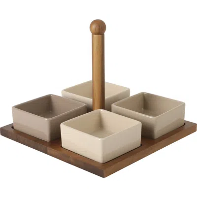 Gibson Elite Gracious Dining 4-piece Stoneware Tidbit, Condiment & Dip Dish Set With Acacia Wood Tra In Brown
