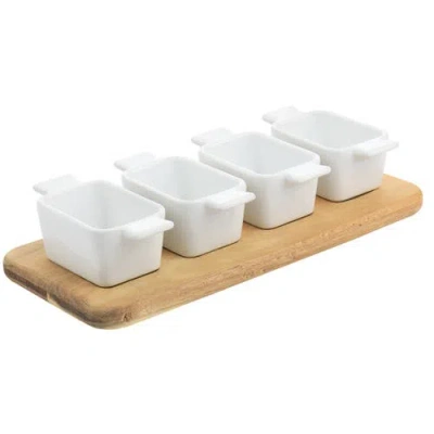Gibson Elite Gracious Dining 5 Piece Fine Ceramic Tidbit Dish Set With Acacia Wood Base In White