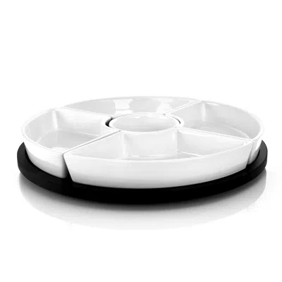 Gibson Elite Gracious Dining 6 Piece Stoneware Sectional Serving Set With Revolving Wood Tray