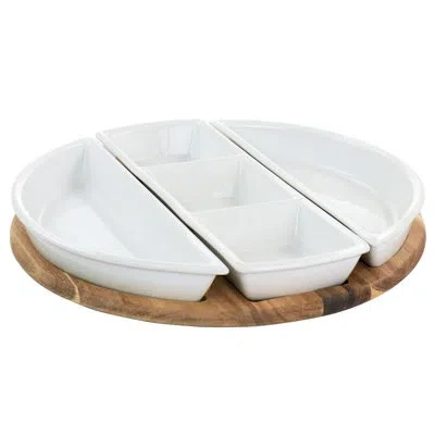 Gibson Elite Gracious Dining Fine Ceramic Sectional Tray With Acacia Wood Base 4 Piece Divided Serving Dish Set In White