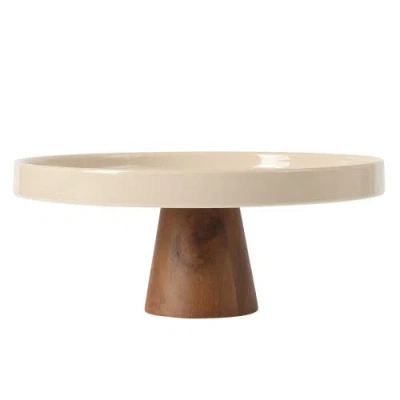 Gibson Elite Gracious Dining Round Stoneware Cake Stand With Acacia Wood Base In White