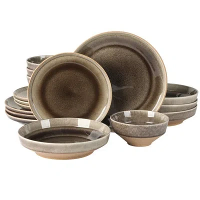 Gibson Elite Hailstone 16 Piece Stonewe Reactive Glaze (service For 4) Ceramic Plates And Bowls Dinnerware Set In Black