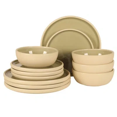 Gibson Elite - Made In Portugal - Port Gaia 12 Piece (service For 4) Plates And Bowls Reactive Glaze Dishes Stone In Olive