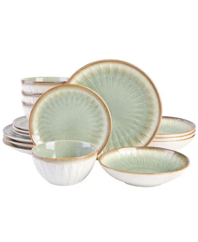 Gibson Elite Mayfair Bay Double Bowl Embossed Reactive, 16 Piece Dinnerware Set, Service For 4 In Green