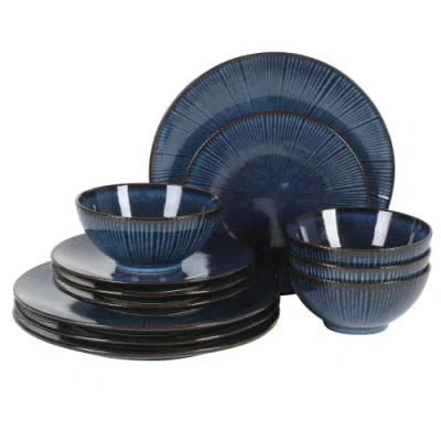 Gibson Elite Midnight Luna Plates And Bowls Sets, Stoneware Dinnerware Sets, Reactive Glaze Dish Set In Blue