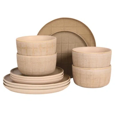 Gibson Elite Milano Lines 12-piece Reactive Glaze Stoneware Dinnerware Set In Brown