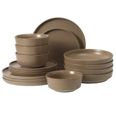 Gibson Elite Overbrook 16-piece Pottery Clay Stoneware Dinnerware Set – White Reactive Glaze, Stackable Plates An In Brown