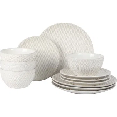 Gibson Elite Oyster Tide 12-piece Embossed Reactive Glaze Stoneware Dinnerware Set In White