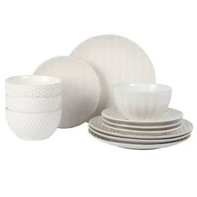 Gibson Elite Oyster Tide Embossed 12 Piece (service For 4) Plates And Bowls Reactive Glaze Round Dishes Stoneware In White