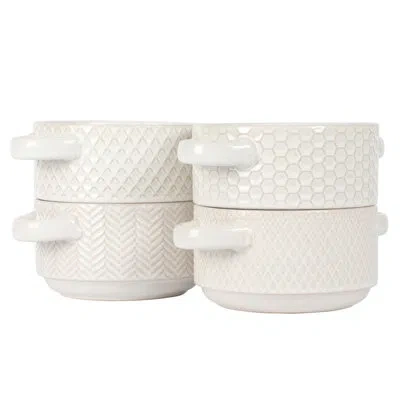 Gibson Elite Oyster Tide Embossed 6 Inch Soup Bowls With Handles. French Onion Soup Crocks, Stackable Soup Bowl,  In White