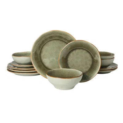Gibson Elite Plates And Bowls Set, 12 Piece Dinnerware Set For 4, Reactive Glaze — Stoneware Dishes And Dishware, In Green