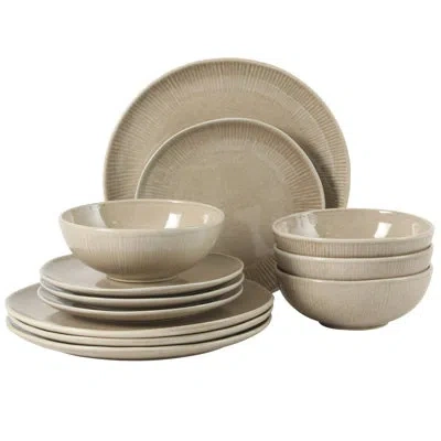 Gibson Elite Sandy Pines Stoneware Plates And Bowls Set - 12 Piece Reactive Glaze Dinnerware Set - Service For 4  In Cream Taupe