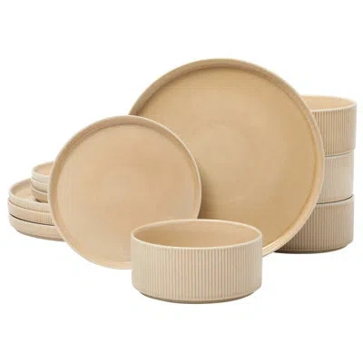 Gibson Elite Solana Coast 12 Piece Stoneware Reactive Glaze (service For 4) Ceramic Plates And Bowls Modern Shape In Orange