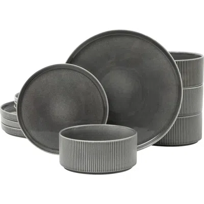Gibson Elite Solana Coast 12-piece Reactive Glaze Embossed Stoneware Dinnerware Set In Black