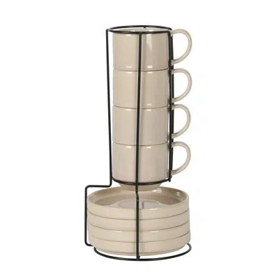 Gibson Elite Sunrise Hills 9-piece Stackable Stoneware Cup And Saucer Set With Metal Rack, 6 Oz, Service For 4, D In Cream Whie