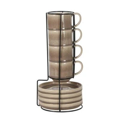 Gibson Elite Sunrise Hills Stackable Stoneware Cup And Saucer Set With Metal Rack In Brown