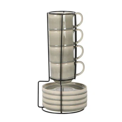 Gibson Elite Sunrise Hills Stackable Stoneware Cup And Saucer Set With Metal Rack In Gray