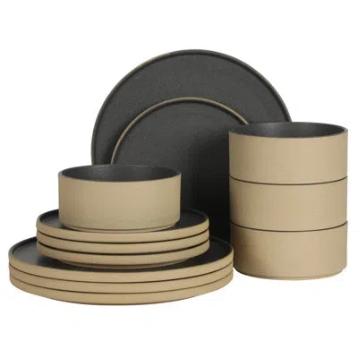 Gibson Elite Villa Amadora - Made In Portugal -  12 Piece Dinnerware Set For 4, Two Tone Tan And Black Speckled S In Tan & Black