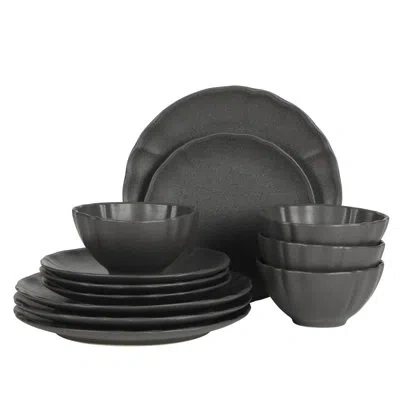 Gibson Elite Vista Rossio - Made In Portugal - 12 Piece Dinnerware Set For 4, Black Ceramic Plates And Bowls Sets