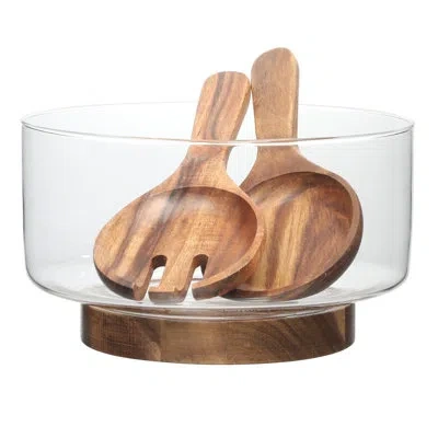 Gibson Elite Wildgreens Large Glass Salad Bowl Set With Acacia Wood Base And Acacia Serving Utensils