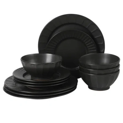 Gibson Elite Winchester Way 12-piece Plates And Double Bowls Stoneware Dinnerware Set, Microwave & D In Black