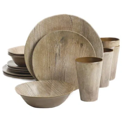 Gibson Elite Woodlands 16 Piece Melamine Wood Grain Decal Dinnerware Set In Brown