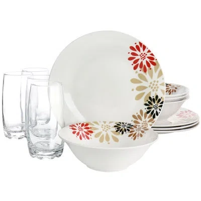 Gibson Fine Ceramic 12 Piece Dinnerware Combo Set In White;red;beige