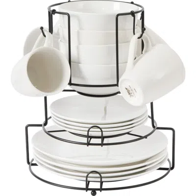 Gibson Home 17-piece Porcelain Dinnerware Set For 4 With Metal Rack In White