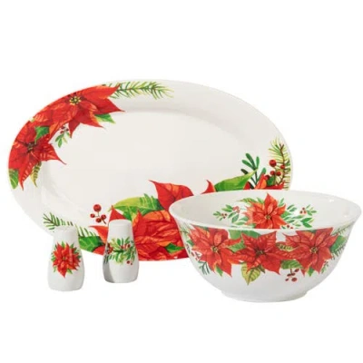 Gibson Home 4 Piece Ceramic Serving Set In White With Poinsettia Decorations In Multi