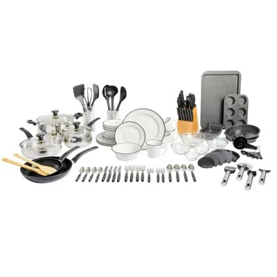 Gibson Home 95 Piece Kitchen In A Box Pots And Pans Cookware, Plates And Bowls Dinnerware, Cutlery Knife Block,  In Siliver
