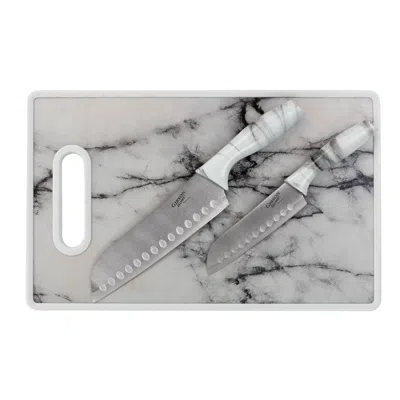 GIBSON HOME BEAUMONT 3 PIECE STAINLESS STEEL SANTOKU KNIFE SET WITH CUTTING BOARD IN WHITE MARBLE