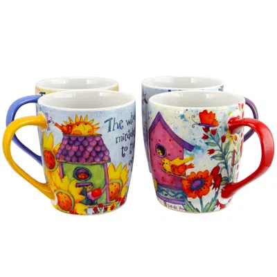 Gibson Home Birdhouse Floral 18 oz Cup Set, Set Of 4 Assorted Designs