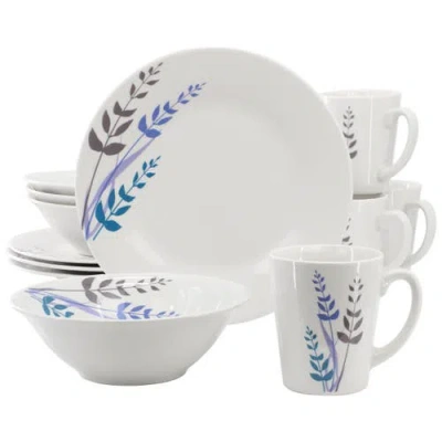 Gibson Home Blue Leaves 12 Piece Round Fine Ceramic Decorated Dinnerware Set In White