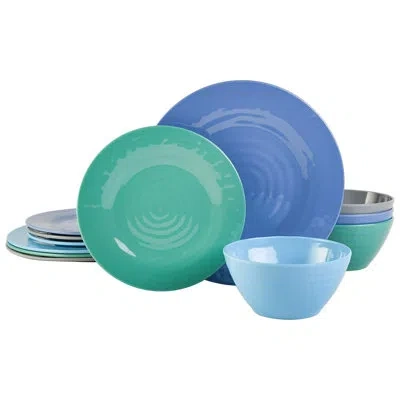Gibson Home Brela 12 Piece Round Melamine Dinnerware Set In Assorted Blue In Blue;green;gray