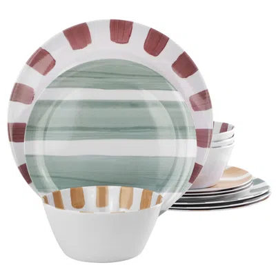 Gibson Home Cottage Stripes 12 Piece Melamine Dinnerware Set In White And Multi