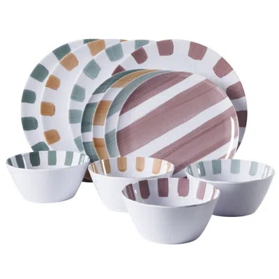 Gibson Home Cottage Stripes 12 Piece Unbreakable Melamine Plates And Bowls Dinnerware Set - Outdoor, Camping, &  In Multi