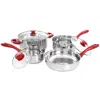Gibson Home Crawson 7 Piece Stainless Steel Cookware Set In Chrome With Red Handles In Transparent