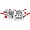 Gibson Home Crawson 7 Piece Stainless Steel Cookware Set In Chrome With Red Handles In Silver