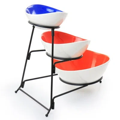 Gibson Home Crenshaw 4 Piece Hand Painted Stoneware 3-tier Serving Bowl Set With Metal Rack In Blue;red